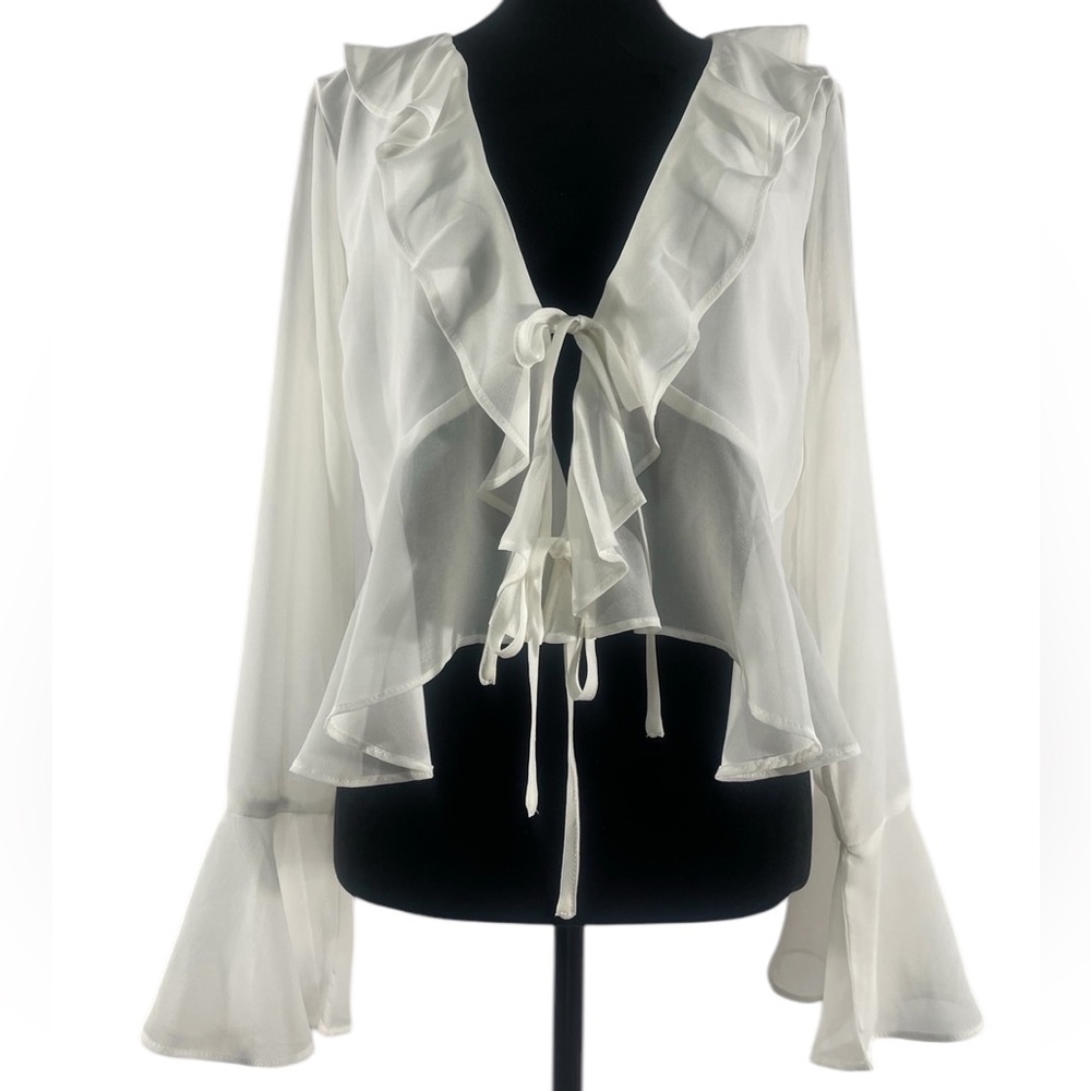 Lulus White Chiffon Ruffled Long Sleeve Tie-Front Top,Large, NWT - Picture 5 of 10